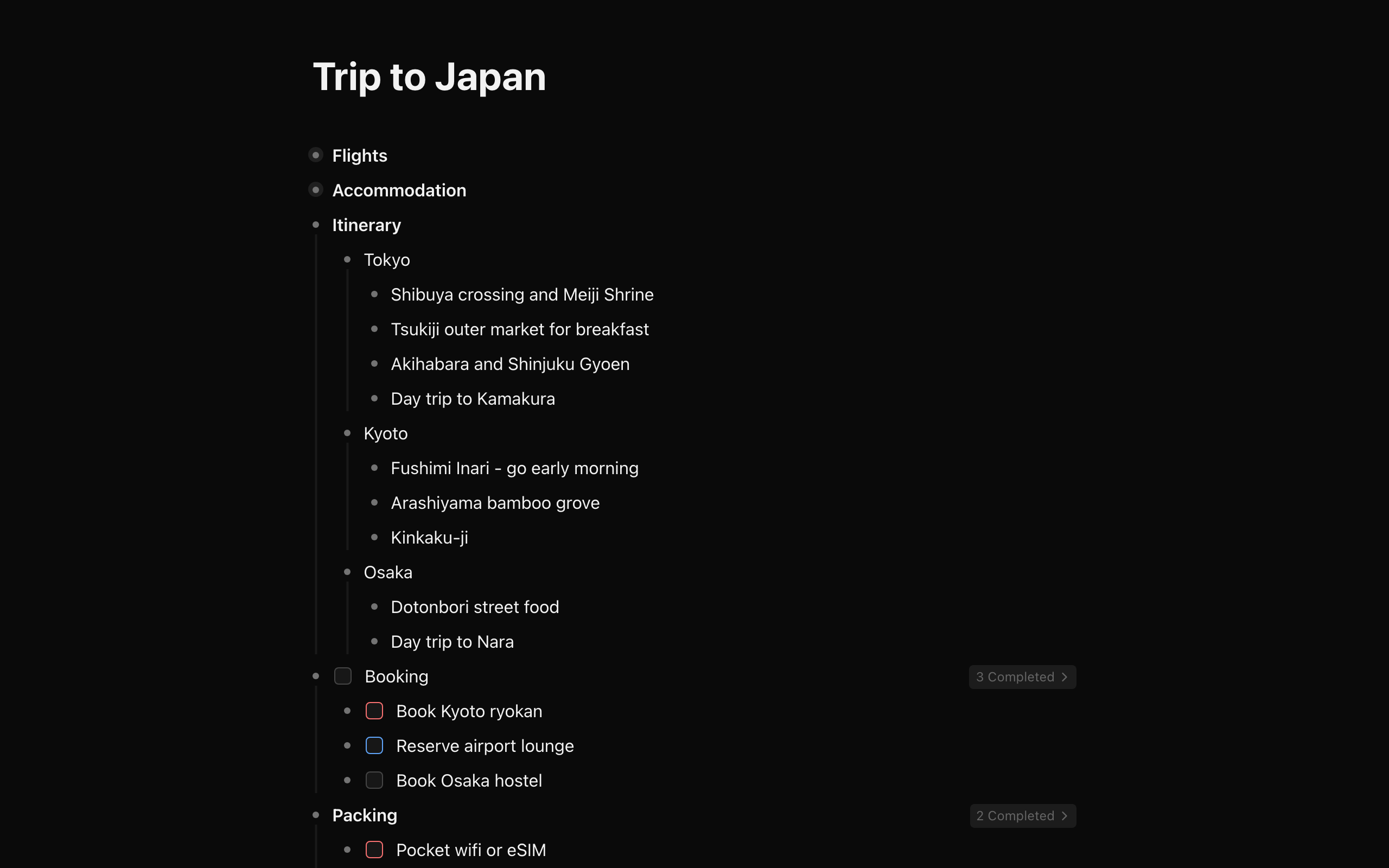 Lithium outline view showing structured notes with headings, nested content, and todos